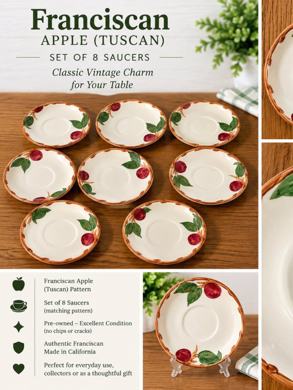 Vintage Franciscan Apple Pattern Set of 8 Saucers Made in California USA